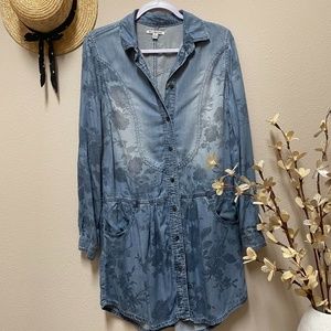 Women's Denim Floral Long Sleeve Dress  S